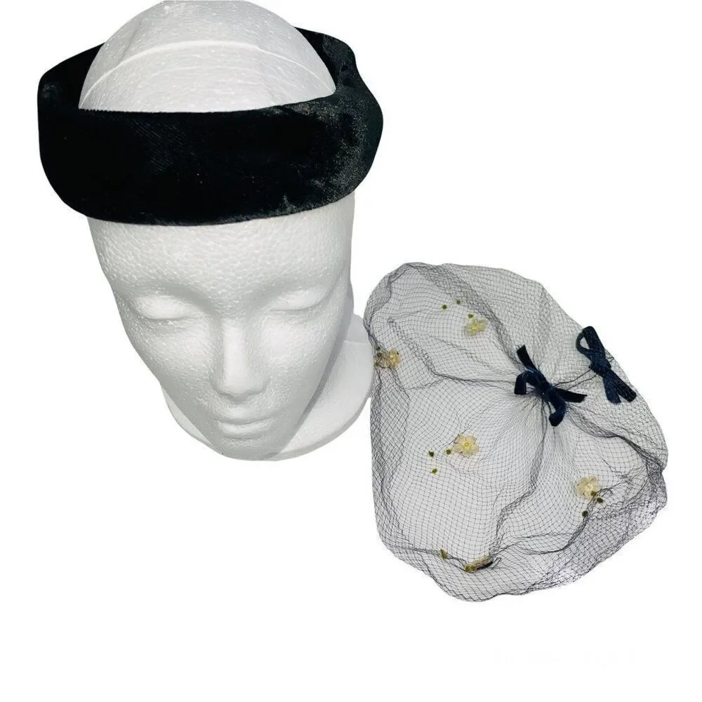 Vintage Crown Hat Black Velour Net Head Band Church Wedding Costume Theatre
